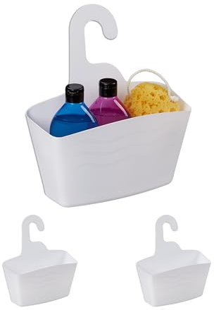 Relaxdays Cestino Portaoggetti da Doccia, Set da 3, Cestello Sospeso, in Plastica Porta Shampoo, Bagnoschiuma, Bianco, 31 x 28 x 12 cm