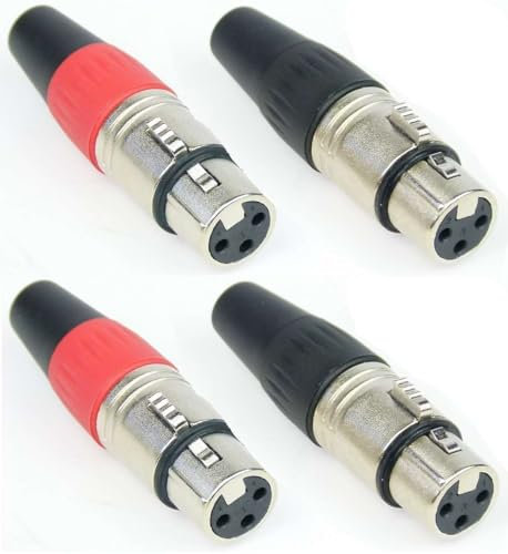 Adam Hall 2 Paar Connectors K3CXF3PAIR - XLR 3 pol Mikrofon Kabel Kupplung Buchse female ROT & SCHWARZ, versilbert 3 Star Serie