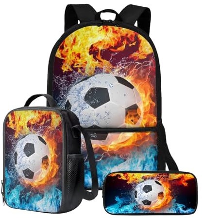 chaqlin 3 Pcs Football School Bags Set for Teens Boys Cute School Backpack Fire Soccer Print Bookbags Schoolbags Set for Kids Insulated Lunch Box and Pencil Case Primary Elementary Rucksack