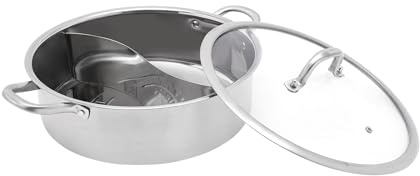 Mermajestic 304 Edelstahl Hot Pot mit Teiler, Topf Hotpot Kocher mit Trennwand und Glasdeckel, Kochtopf-Set für Induktionsherde, Gasherde, und Backöfen Topf mit Glasdeckel mit Suppenlöffel 32cm