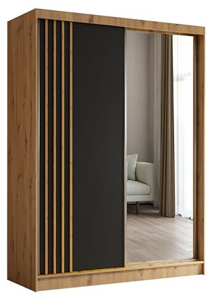 Margaret Hadas24 Kleiderschrank Neli mit Lamellen und Spiegel, Organizer, Mehrzweckschrank, Schwebetürenschrank, Garderobenschrank, Kleiderstange, Kleiderständer, Flurschrank, 160 cm, braun, schwarz,