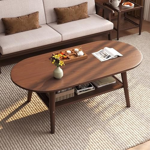 Table Basse En Bois, Table Centrale En Bois de Chêne Massif avec Étagère de Rangement Ouverte, Table de Canapé À 2 Niveaux pour Salon/salle De Réunion/réception/petit Espace, Noyer, Assemblage Facile(