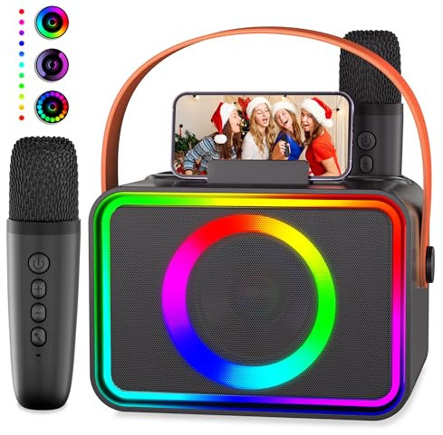 Karaoke Machine,Portable Bluetooth Speaker with 2 Wireless Microphone for Adults & Kids with LED Lights, Karaoke Microphone with PA System Supports USB/TF/AUX,Gift for Party(Black)