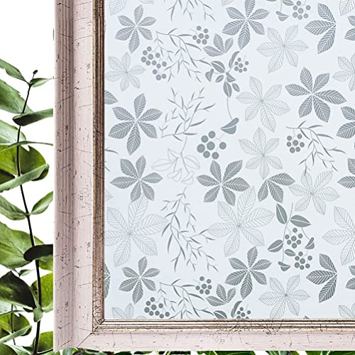 Hoonng Fensterfolie Blickdicht Selbsthaftend Motiv Weiße Pflanze Sichtschutz 75x200cm