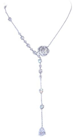Kawaii-Story MS-446 Edle Zirkonia Halskette mit Rosenanhänger und Strassketten, Party Feier Kette Modeschmuck, Strasssteine