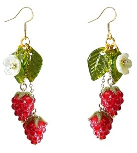 Niedliche Obst-Ohrringe, Himbeer-, Zitronen-, Erdbeer-, tschechische Glasperlen-Ohrringe, hängende Ohrringe für Frauen, Teenager, Mädchen, One Size, Glas, Kein Edelstein