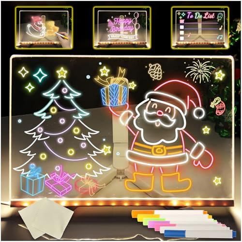 Audasi LED Notiztafel mit Farben 30x20cm Nachrichtentafel mit LED Leuchten Notiztafel Abwischbar Drawing light Acryl Notizblock mit Verstellbarem Ständer und 7 Stiften Reinigungstuch
