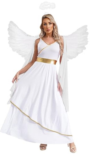 RUNQHUI Déguisement Ange Femme Robe Blanche Long + Ailes + Auréole Serre-tête Ange Cosplay Carnaval Halloween Costume Blanc XL