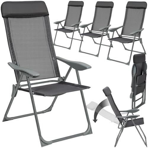 tectake® 4er Set Gartenstuhl Hochlehner, Gartenstühle, Essstühle Aluminium, Klappstuhl 5-Fach verstellbar mit Armlehnen, Sessel mit Liegefunktion, Gartenmöbel, Möbel für Terrasse, Camping - anthrazit