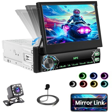 Roinvou Autoradio 1 DIN Bluetooth Auto Radio con Mirror Link, 7 Pulgadas Pantalla Retráctil Radio de Coche con Bluetooth Manos Libres/SWC/FM/USB/AUX/Tipo-C Mic Cámara Trasera