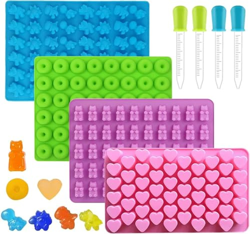 4 stampi in silicone per caramelle, forma a forma di orsacchiotto, in silicone, con 4 pipette per cioccolato, gelatina, cioccolato (colore casuale)