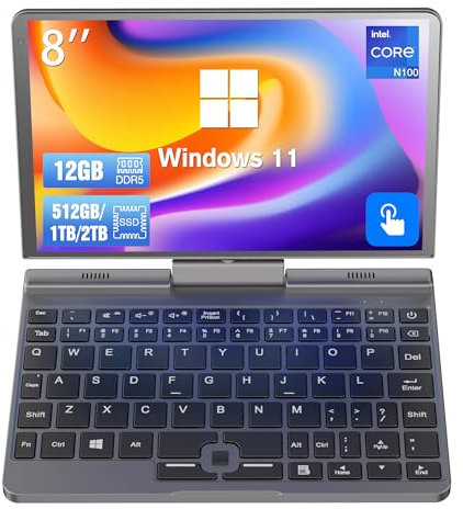 Mini Laptop 8 inch N150 Touchscreen Notebook Tablet 2 in 1 Handheld Computer Portable Small PC Win-11 Pro, 12GB RAM 512GB SSD, Gigabit/Wi-Fi 6/BT5.2/2MP Camera/G-Sensor/HDMI/PD 30W Charging/QWERTY