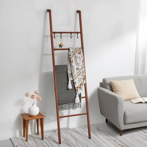 Taozun Deckenleiter aus Holz mit 4 Haken, 6-stöckige dekorative Leiter für Wohnzimmer, Schlafzimmer, rustikaler Bauernhaus-Handtuchhalter, Quilt-Halter, Heimdekoration, Displayleiter, Dunkelbraun