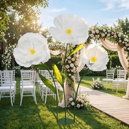 Norme - 3 flores gigantes blancas artificiales de papel, 40, 50, 60 centímetros, para decoración de boda, San Valentín, cumpleaños, ceremonia nupcial, fondo de habitación, fiesta, interior y exterior