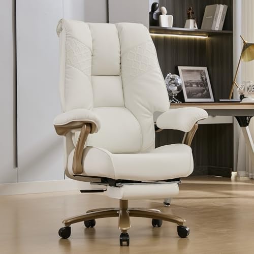 EXCEBET XXL Bürostuhl bis 200kg belastbar, Ergonomischer Chefsessel mit Federkern & Formschaum, Extra breiter Schreibtischstuhl mit Fußstütze, Drehstuhl für langes Sitzen (Weiß)