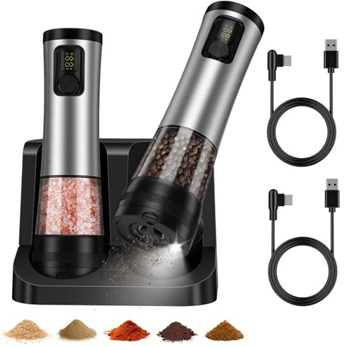 srml Electric Salt and Pepper Grinder Set with Battery Display, Rechargeable Base & USB-C Charging, 5 Adjustable Coarseness, 2 Grinding Speeds, 100ml Large Capacity, One-Hand Automatic Pepper Mill