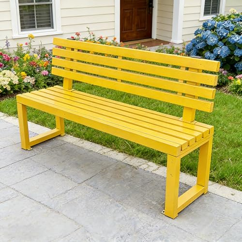 yurstcggh Gartenbank Metall,Parkbank aus Holz,wetterfeste Outdoor Sitzbank,2/3-Sitzer Holzbank mit Rückenlehne,Holz und Metall,Ergonomische Bank mit Rückenlehne,ür Garten Veranda Hof 120cm/4ft Gelb