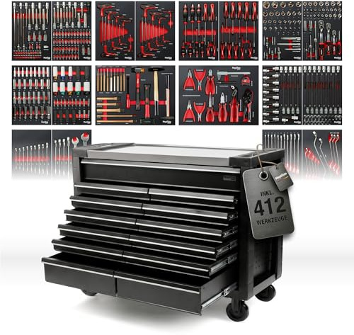 Mephisto Werkzeugwagen Double Full Black Pro-Line gefüllt 13 Schubfächer | Werkstattwagen inkl. Werkzeug wie VDE Zangen, Steckschlüssel, Ratschen in Soft Inlays in Carbon Lock