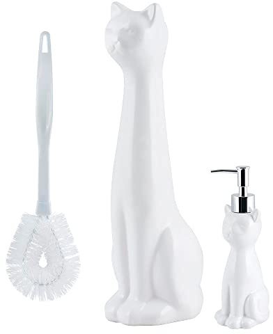 Allure Home Creations Ceramic Cat Bowl Toilet Brush Holder and Lotion Pump 2pc Set-White