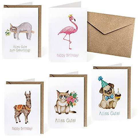 NORTH-WEST Geburtstagskarten Set mit Umschlag 5 Stück Geburtstag Glückwunschkarte Geschenk Freundin Kinder lustig Happy Birthday Card Alpaka Lama Flamingo Mops Katze Faultier Glückwunsch