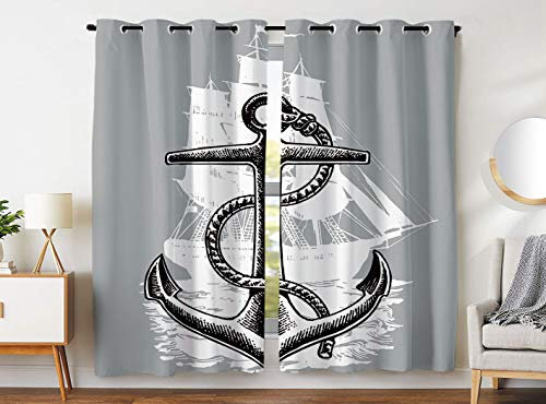 Violetpos 180 x 140 cm Anker Ozean Segelboot Grau Gardinen Blickdichter 2er Set Vorhang Verdunkelung mit Ösen für Schlafzimmer Wohnzimmer