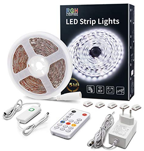 LED Leiste Kaltweiß 5M Dimmbar LED Streifen mit RF Fernbedienung 6500K Ultrahelle Plug-in Unterbauleuchten mit Timing Modus LED Lichtband Komplette Kits für Wohnzimmer Schlafzimmer Küche Spiegel Dekor