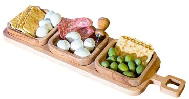 Vassoio in Legno Aperitivo, 3 Vaschette, Ciotole Estraibili, Legno di Faggio,50 x 12 x 2 h cm