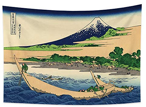 YONGFOTO Japanischer Ukiyo-e Wandteppich Berg Fuji 36 Ansichten Zimmer Wandbehang Ufer der Tago-Bucht Ejiri Japan Wandkunst Traditionelle Malerei Hokusai Tapisserie 100x70cm