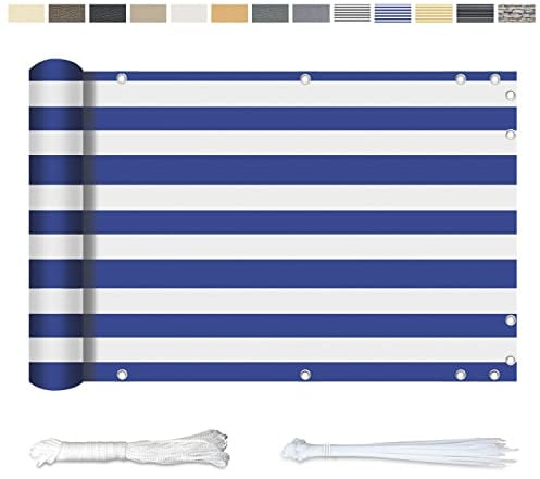 YangAera Balkon Sichtschutz 80x400CM, Windschutz Wasserdicht und UV-Schutz Balkonabdeckung - mit Ösen Kabelbinder und Kordel, für Balkongeländer Terrasse Garten (Blaue und Weiße Streifen)