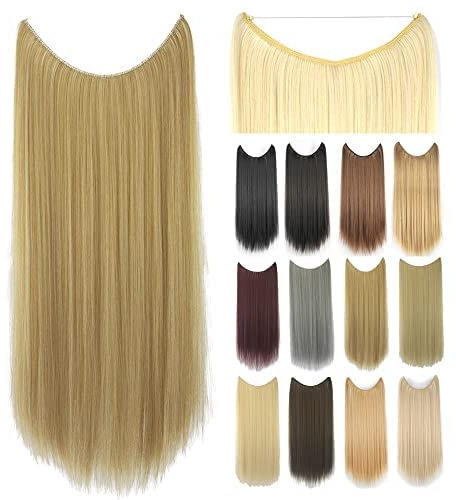 IMISSU 22'' 26'' Langer gerader Heiligenschein Haarverlängerungen Fischschnur Haarteil Synthetische unsichtbare Kopfbedeckung aus geheimem Draht Flip Haarteil (26 Zoll,Honigblond)