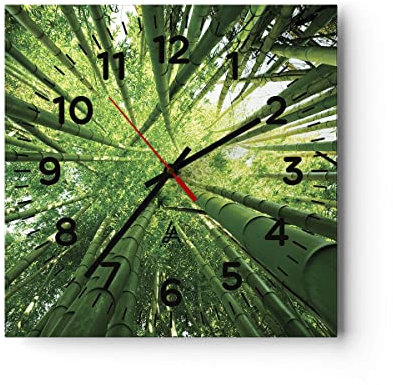 Modern Wanduhr Bambus Dschungel Grün 30x30cm Quadrat Klein Wand Uhr Glas Analog Zimmeruhren Küche Büro Wohnzimmer Glasuhr Wall Clock Dekoration Design Wanddekoration Küchenuhr C4AC30x30-4235
