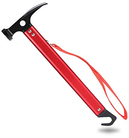 Martello da campeggio multifunzione, martello da palo in alluminio leggero con gancio, estrattore per pioli, per esterno, campeggio, escursionismo, alpinismo(Rosso)