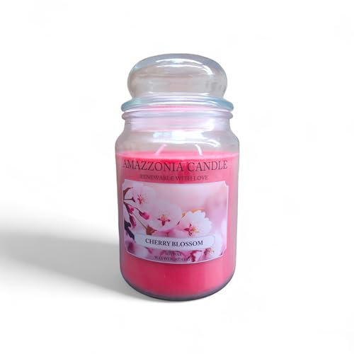 Amazzonia Candle Cherry Blossom 530 Gr Candela Profumata Naturale in Cera di Soia doppio stoppino in cotone Profumatore per Ambiente ciliegio Decorativa Giara in Vetro Yankee village scents