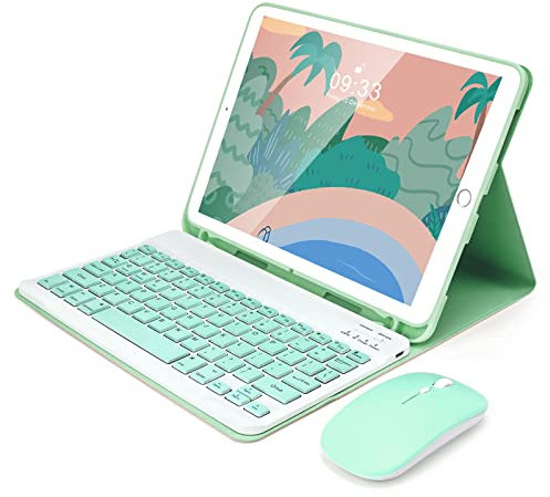 SOPPY Bluetooth Keyboard Case with Mouse for iPad 9th Gen 2021, 8th Gen 2020, 7th Gen 10.2 2019, Air 3 & Pro 10.5, Detachable Wireless, Slim Protective Cover, with Pencil Slot, UK Layout, Green