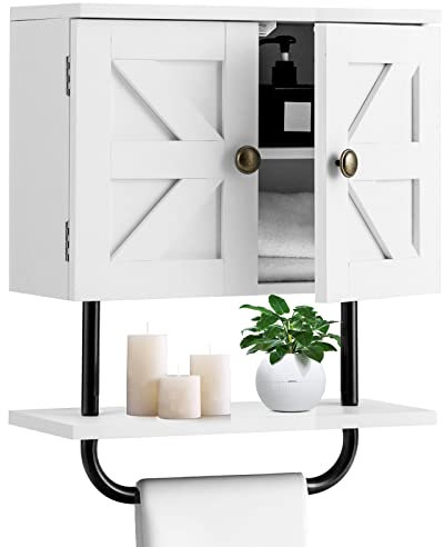 RELAX4LIFE Bathroom Wall Cabinet, Double Door Wooden Storage Cupboard with Open Shelf & Tower Rack, Wall Mounted Medicine Cabinet Organizer Unit for Living Room Entryway Kitchen (White)