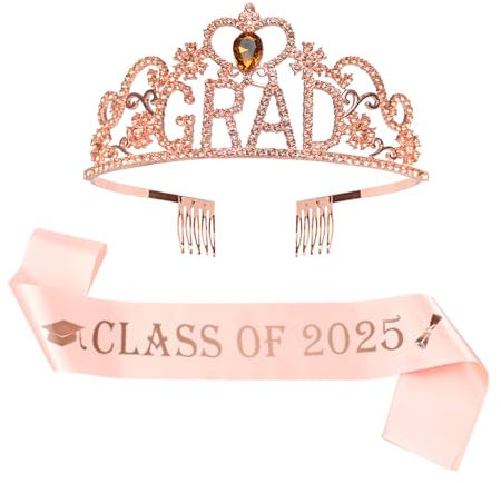 2025 Parti di laurea Forniture Rose Gold Graduation Princess Graduation Crown Tiara e Classe di 2025 Colorazione Sash per ragazze Studenti universitari laureati 2025 Celebrazioni di laurea favori,