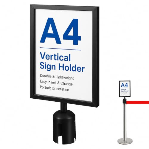 Alipis A4 Sign Holder for Retractable Belt Post, Black Stainless Steel | Vertical poster display frame, 1 piece, 44 x 22 x 6.5 cm, for queue lines, airports, hotels and banks