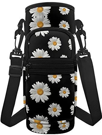 KUIFORTI Stylish Daisy Water Bottle Carrier Bag Water Bottle Cover Sleeve,Women Girls Sport Water Bottle Pouch Cover Pocket Crossbody Bottle Cover Bag Large Sling Wallet with Adjustable Strap
