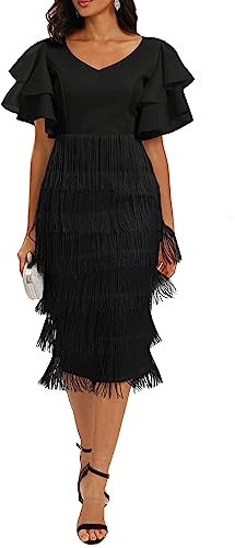 VERWIN Damen Maxikleid mit Fransen Hohe Taille V-Ausschnitt Tiered Quasten Kleid Rüschen Ärmel Bodycon Ballkleid L Schwarz