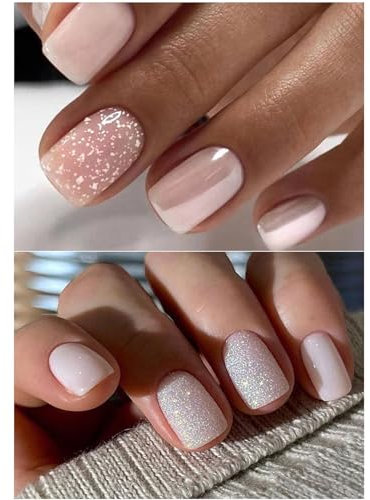 Ceboic 2 Packs (48 Pcs) False Nails Short, Square Press on Nails French Tip Reusable Full Cover Acrylic Fake Nails with Adhesive Tabs, Pink Glitter Glue on Nails for Women and Girls DIY Manicure