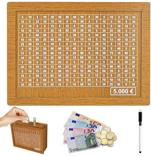 LYNBLY Tirelire en Bois, Numérique Tirelire, Tirelire Réutilisable, avec Marqueur,Tirelire avec Objectifs Chiffres D'épargne, Boîte Rangement Tirelire Rétro pour Adultes et Enfants (5000€)