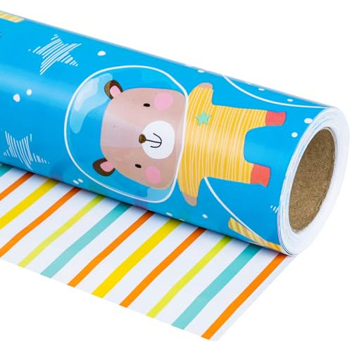RUSPEPA Wende-Geschenkpapierrolle – Bären- und Raketenmuster, ideal für Babyparty, Geburtstag, Party – 44,5 cm x 10 m