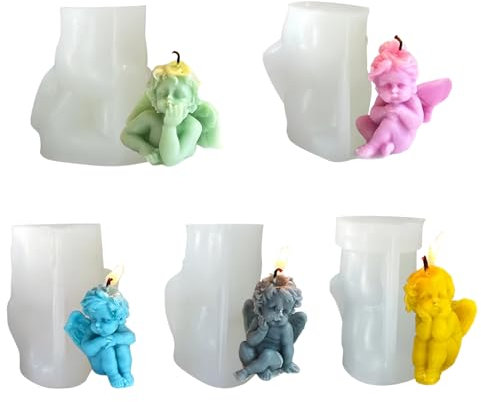 Molde de Silicona 3D para Velas, 5 Piezas Molde de silicona de ángel 3D DIY, Molde de Vela Artesanal Hecho a Mano, Molde de Resina Epoxi para Velas Perfumadas, Molde de vela de ángel DIY