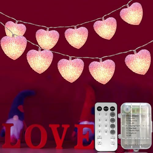 Pink Heart String Lights Battery Powered 6.8Ft Valentine's Day String Lights 10 LED Heart Shaped Lights Shatterproof with Timer, Outdoor Valentine Heart Lights for Home Wedding Valentines Day Decor