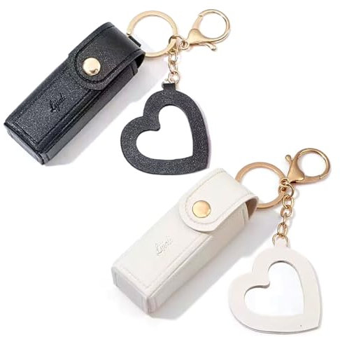 2 Stücke Lippenstift Etui aus Leder mit Herz Spiegel, Lippenstift Organizer Taschen Schlüsselanhänger Lippenbalsam Aufbewahrung Lippenbalsam-Halter (schwarz+Weiss)