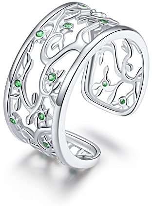 Jefanny Bague réglable en argent sterling 925 pour femme, motif arbre de vie, grande bague de phalange en oxyde de zirconium vert, cadeau pour fille, zircone, Zircone cubique