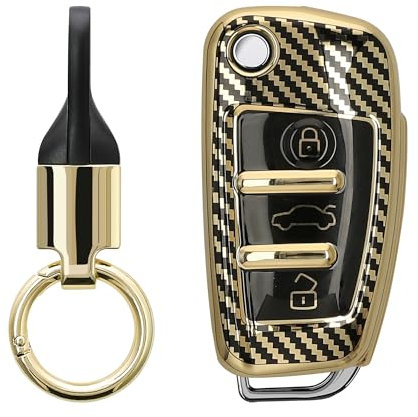 kwmobile Autoschlüssel Hülle kompatibel mit Audi 3-Tasten Klappschlüssel Hülle - Schlüsselhülle mit Key Ring Anhänger - Cover Gold Schwarz