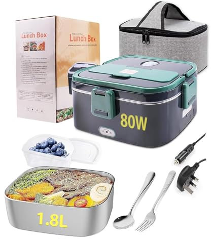 Homtibrm Electric Lunch Box 80W 3 in 1 Heated Lunch Box with 1.8L 304 SS Container/Insulated Bag/Large Cutlery Set,12V 24V 220V Food Warmer for Car Truck Office School and Home Use
