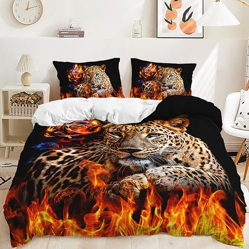 Yaofeiou 3D Effekt Leopard Tier Bettwäsche 200x220 Leoparden und Flammen Muster Bettbezug Schwarz Wildtier Thema Bettwaren-Set Mikrofaser mit Reißverschluss und 2 Kissenbezug 80x80