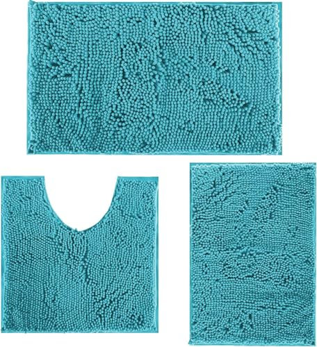 Badezimmerteppich Set 3 Stück, Badematten-Set für das Badezimmer, Badteppich rutschfest Waschbar Badematten & Badteppiche, Badezimmer Anzug für Dusche, Badewannen, WC Deko (Türkis)